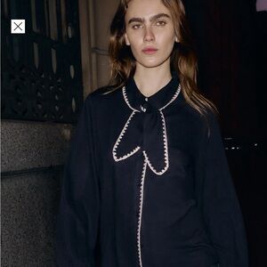 Zara Contrast Topstitching Tie Blouse M